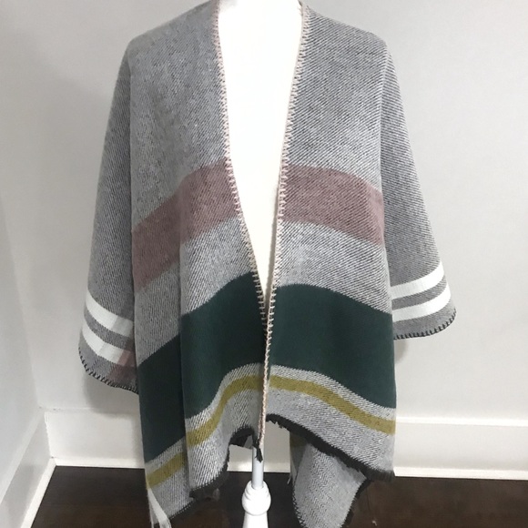 Only 1 Left! Marcus Adler Grey Striped Wrap Ruana - Picture 7 of 8